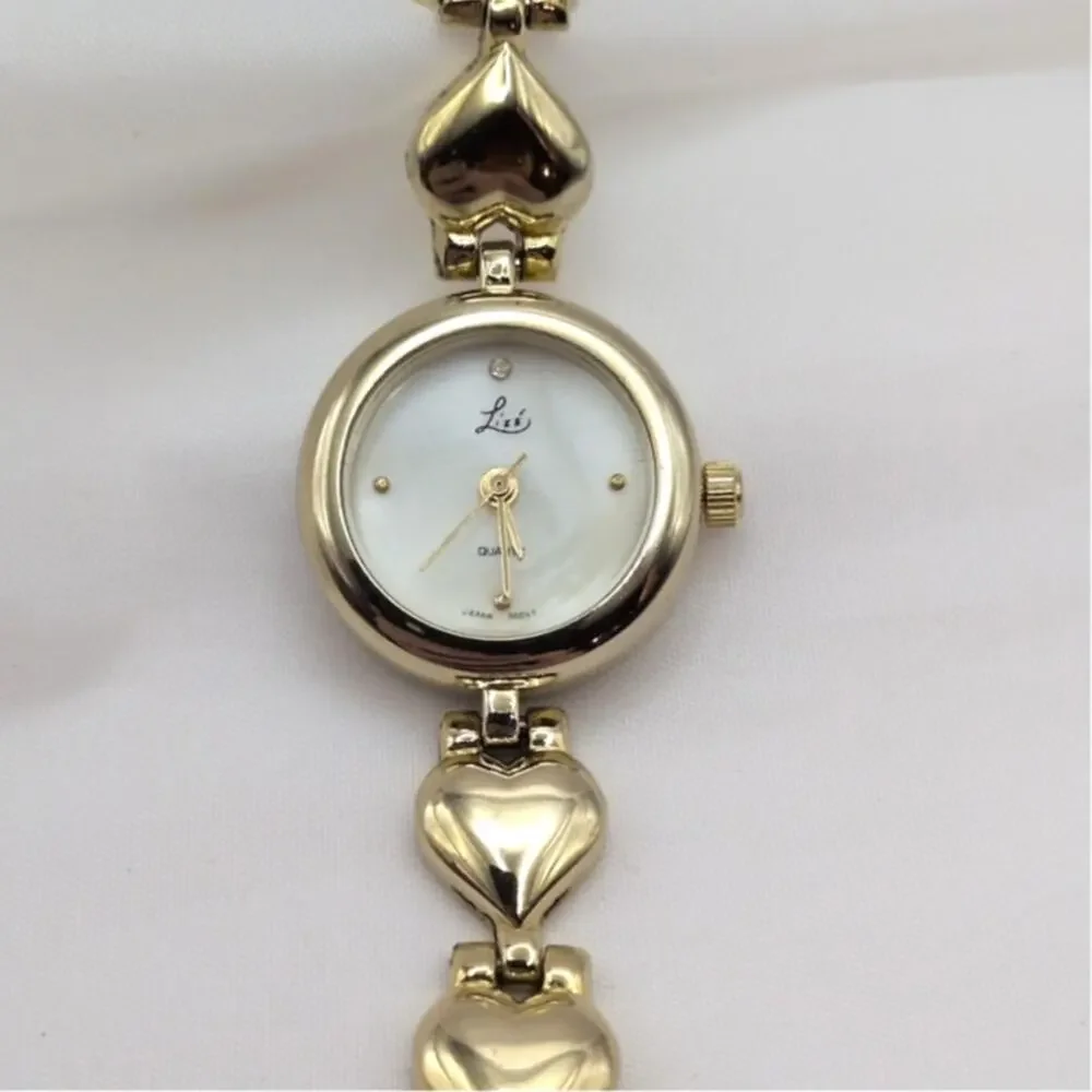 VTG Lizé Gold Tone Heart Bracelet Band Quartz Ladies Watch Japan - New Battery